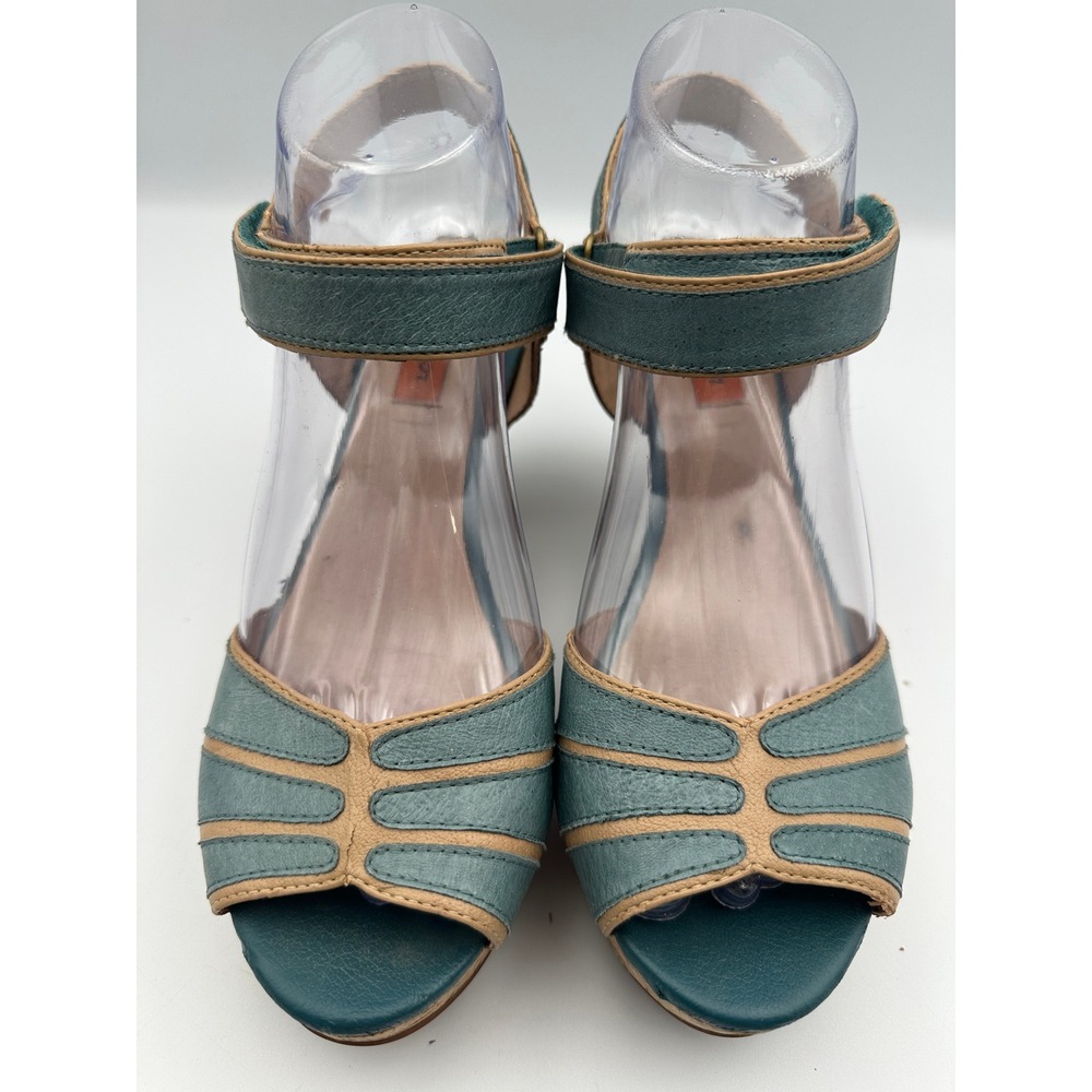 Miz Mooz Corbin Sandals Womens 7.5 Teal Blue Leather Cork Platform Block Heel - Picture 3 of 16
